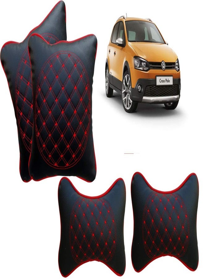 Selifaur Black and Red Double Quilted Car Cushion and Neck Rest Pillow Set of 4 for Polo Cross - Image 1
